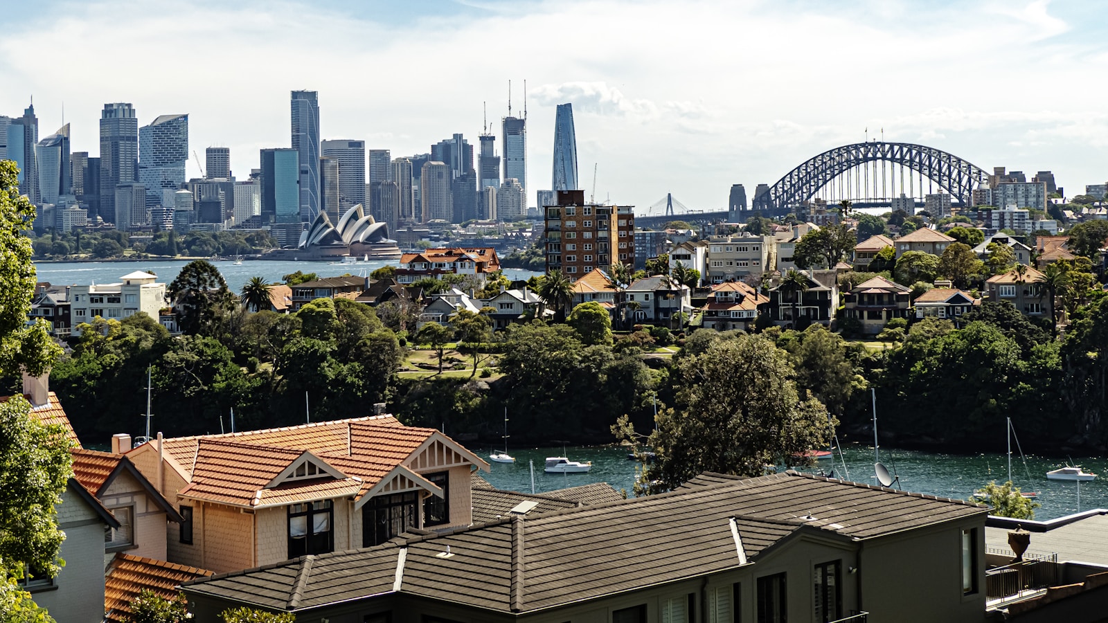 a view of a city with a bridge in the background